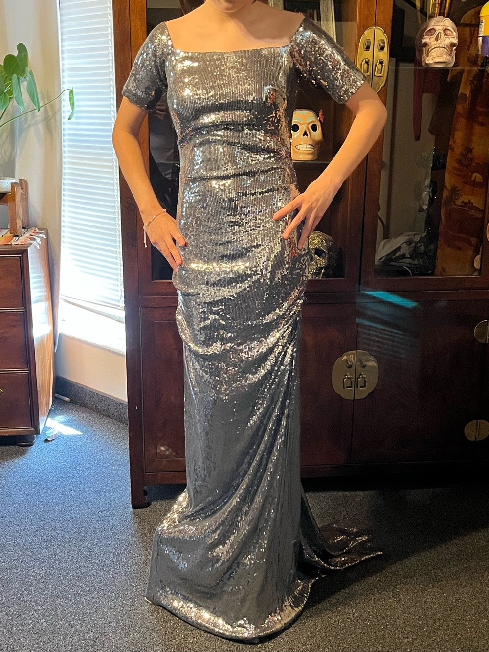 Nicole Miller sequin prom dress Mermaid Gown Silver Formal Off Shoulder Sz 4 NWT
